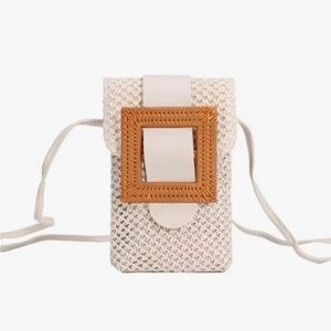 Elegant Cream and Brown Woven Crossbody cellphone Bag with square wicker buckle